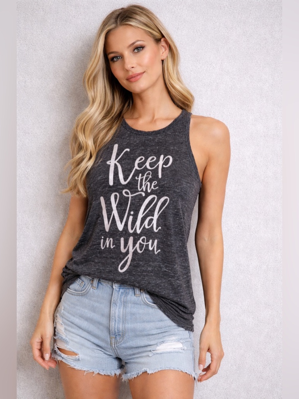 Keep the Wild in You Graphic Tank Top Women’s Gray Racerback Workout Top Size S